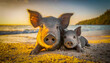 a beautiful dirty gray pig with beautiful eyes and a baby pig are lying on a tropical beach, Generated image, Generated image