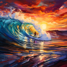 A Surfer Riding A Wave At Sunset With Vibrant Colors.