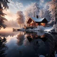 Poster - Peaceful lakeside cabin in winter