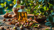 Pistachio oil on a table in the garden. Selective focus.