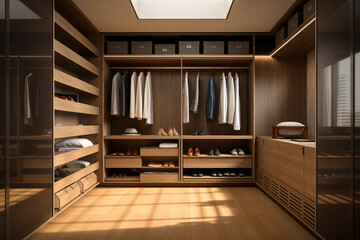 Wall Mural - Modern luxury style warm wood walk in closet, minimal walk in wardrobe dressing room interior.