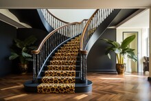 Staircase With Leopard Animalistic Print Rug In The Luxury Hotel Lobby Or Rich Mansion House