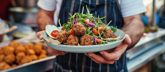 Man enjoying a tasty, traditional, vegetarian meal: falafel on a unique plate at a street food festival.