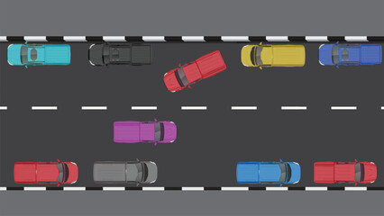 top view flat cartoon of car vehicle in parking lot or parking spot beside road