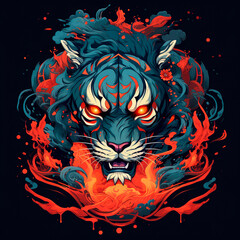 Wall Mural - Fire tiger on the black background. Generative AI