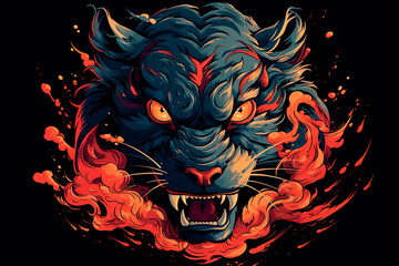 Wall Mural - Fire tiger on the black background. Generative AI