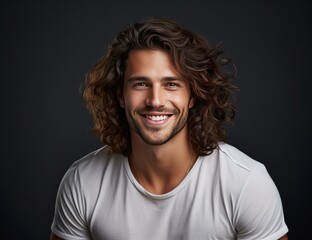 a man with long curly hair smiling while smiling