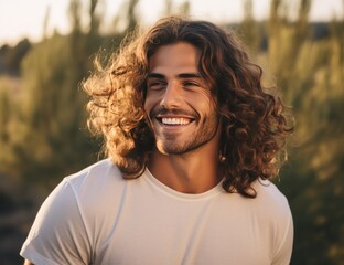 a man with long curly hair smiling while smiling