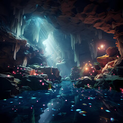 Wall Mural - Underwater cavern with glowing crystals and fish.