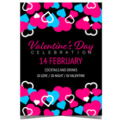 Wall Mural - Valentine's Day celebration poster or banner to invite friends to the romantic party in disco dance club. Vector invitation leaflet or flyer for the Feast of Saint Valentine with many pink hearts.