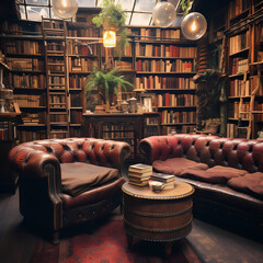 Canvas Print - Old-fashioned bookstore with vintage leather-bound books