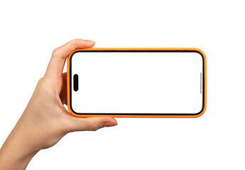 Berlin Germany December 21 2023 Hand hold iphone screen mockup, horizontal phone isolated on white