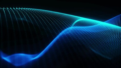 Wave of particles. Futuristic dots pattern on dark background. Big data digital code. Technology or Science Banner. 3D rendering. 4K animation.