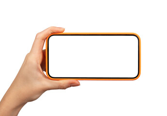Hand holding horizontal mobile phone screen mockup, smartphone isolated on white