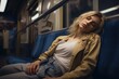 woman sleeping on a train or tram on daily exhausting commute. Problems in big city with long way to work. Public transportation.