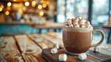 Cozy Hot Chocolate with Marshmallows.
A warm mug of hot chocolate topped with marshmallows on a wooden table with a blurred cafe background.