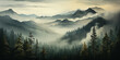 Fog conceals details of mountains range with green and long towering trees enveloped in fog inviting greater sense of wonder with mystery Foggy morning Adventure outdoor nature.