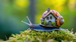 The snail with a house on a shell on its back on green nature background. Easy housing metaphor. Real estate business concept.