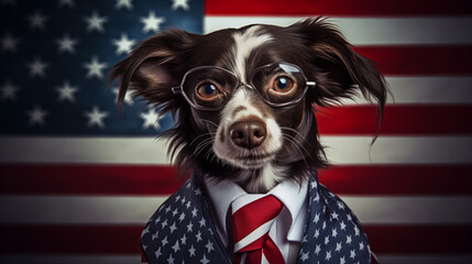 A cute dog in a business suit and the american flag