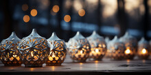 Abstract Background Golden Blur Bokeh Light A Group Of Glass Balls With Glitter Bokeh Magical Spheres With Golden Glitter On A Reflective Surface Candles In The Dark Close-up Shallow Depth Of Field.