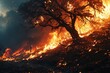 A blazing tree engulfed in flames, a deadly forest fire threatening the city with hazardous roads and vehicles containing individuals.