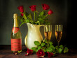 Antique-style still life with champagne and roses on the theme of Valentine's Day.