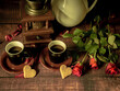 Antique-style still life with coffee and roses on the theme of Valentine's Day.