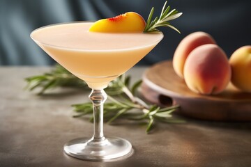 Wall Mural - pastel peach fancy tropical summer martini cocktail decorated with rosemary on bar counter
