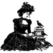 Old Fashioned Woman In Black Dress Feeding Birds