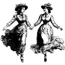 Two Old Fashioned Women Running And Holding Hands