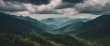 Fototapeta Natura - Amazing wild nature view of layer of mountain forest landscape with cloudy sky. 