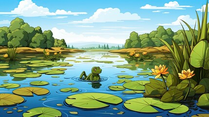 Cartoon Frog on Lily Pad in a Sunny Lake Landscape