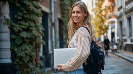 student holding laptop in urban environment background, college lifestyle portrait work life positive casual