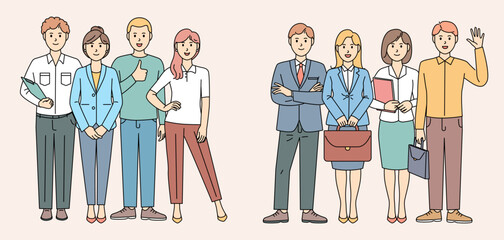 Wall Mural - Youth characters. People man person and woman in office, students together, business team suits standing. Male and female colleagues, employee and managers. Vector simple cartoon flat set