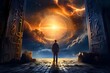 Surreal scene with angels and man in black suit. Heaven planet. 3D rendering