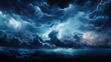 Electric Lightning Storm: Dramatic Dark Stormy Clouds Background With Bright Blue And White Lightning Bolts