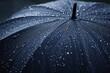 Opened black umbrella in a rainy weather. Raindrops close up. AI generative