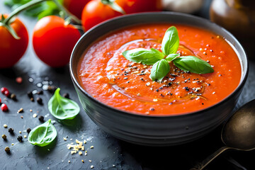 Sticker - Gazpacho, a refreshing Spanish soup, delights the palate with its chilled medley of ripe tomatoes, crisp cucumbers, vibrant bell peppers, onions, and garlic, all harmoniously blended 