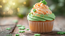 Delicious Decorated Cupcake With Clover On Wooden Table, Space For Text. St. Patrick's Day Celebration