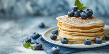 Fluffy Tasty Pancakes With Blueberries On A Plate In Bright Daylight. Rustic Shabby Chic Feel. Pancake Day. Banner With Empty Space For Text.