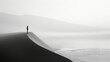  A conceptual image of a person standing at the edge of an endless desert, symbolizing the concept of infinity. The vast, monochromatic landscape, minimalism