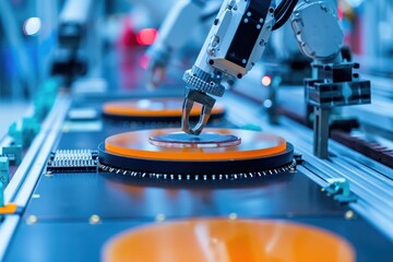 Poster - Robotic manufacturing of semiconductors and computer chips from silicon wafers. Modern technology concept