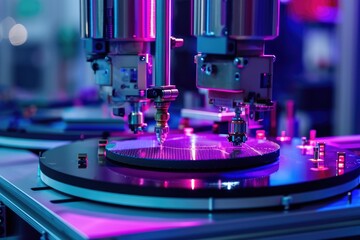 Poster - Robotic manufacturing of semiconductors and computer chips from silicon wafers. Modern technology concept