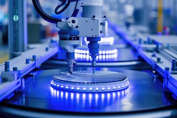 Poster - Robotic manufacturing of semiconductors and computer chips from silicon wafers. Modern technology concept