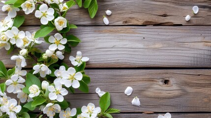  Spring background with white flowers on wooden background.