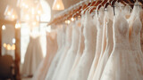 Fototapeta Uliczki - Different wedding dresses hanging on hanger in bridal shop boutique salon