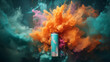Aerosol can with cloud of coloured powders stock photo, commercial background, template, mock up