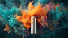 Aerosol Can With Cloud Of Coloured Powders Stock Photo, Commercial Background, Template, Mock Up