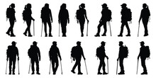 Silhouettes Of Climbers. Hiker Silhouettes Are Isolated On A White Background. Hiker Silhouette Set. People With Backpacks.