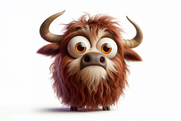 full body Funny Portrait of surprised Yak with bulging big eyes on solid white background. ai generative